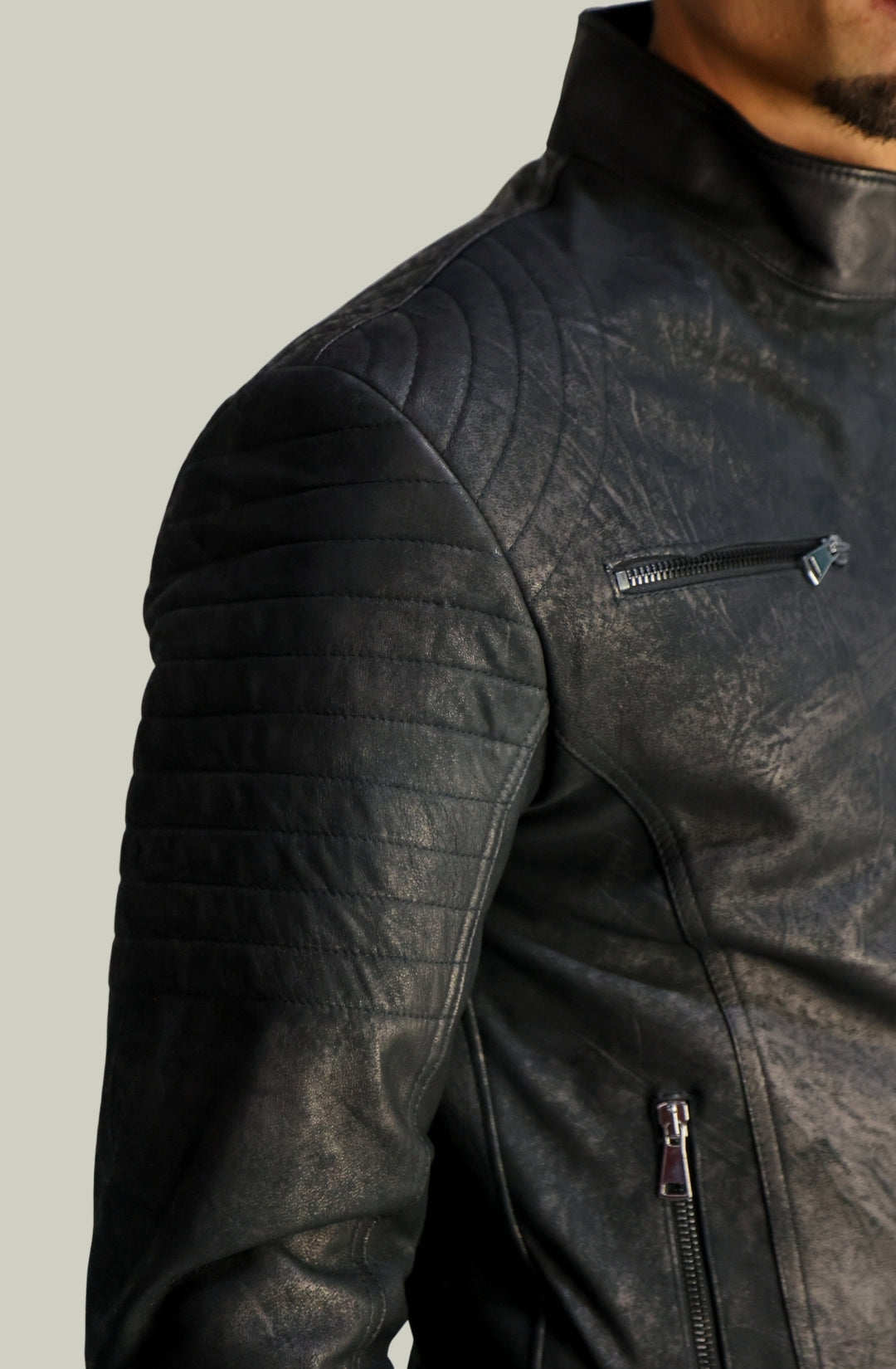 Giacca Rocky Biker in Pelle Nero Vintage da Uomo