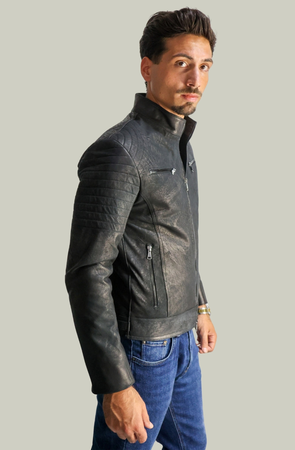 Giacca Rocky Biker in Pelle Nero Vintage da Uomo