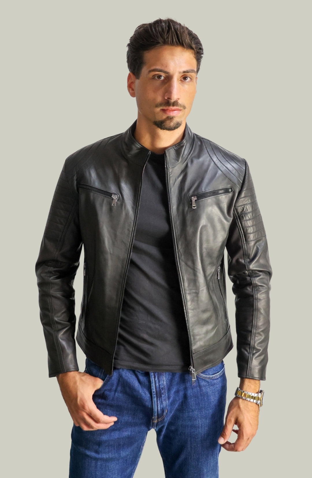 Giacca Rocky Biker in Pelle Nappa Nera da Uomo