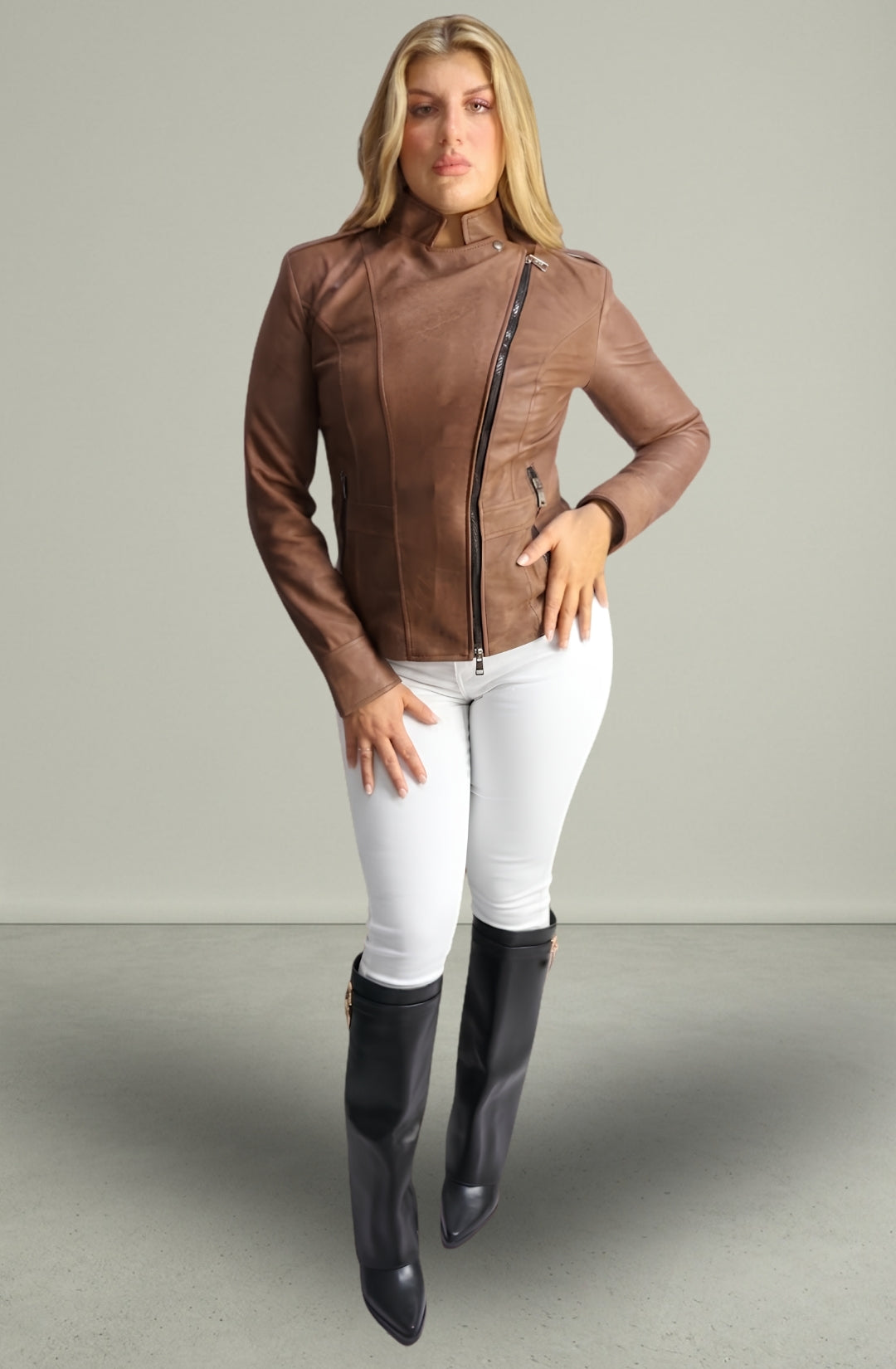 Giacca in Vera Pelle Modello Noemi Stone Wash Cioccolato | 100% Made in Italy