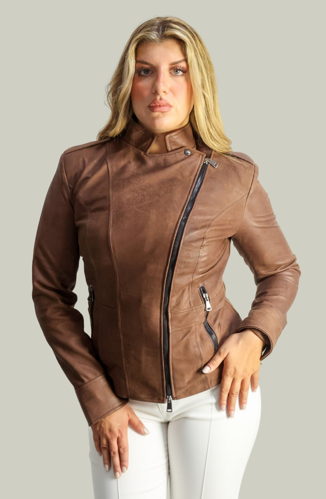 Giacca in Vera Pelle Modello Noemi Stone Wash Cioccolato | 100% Made in Italy