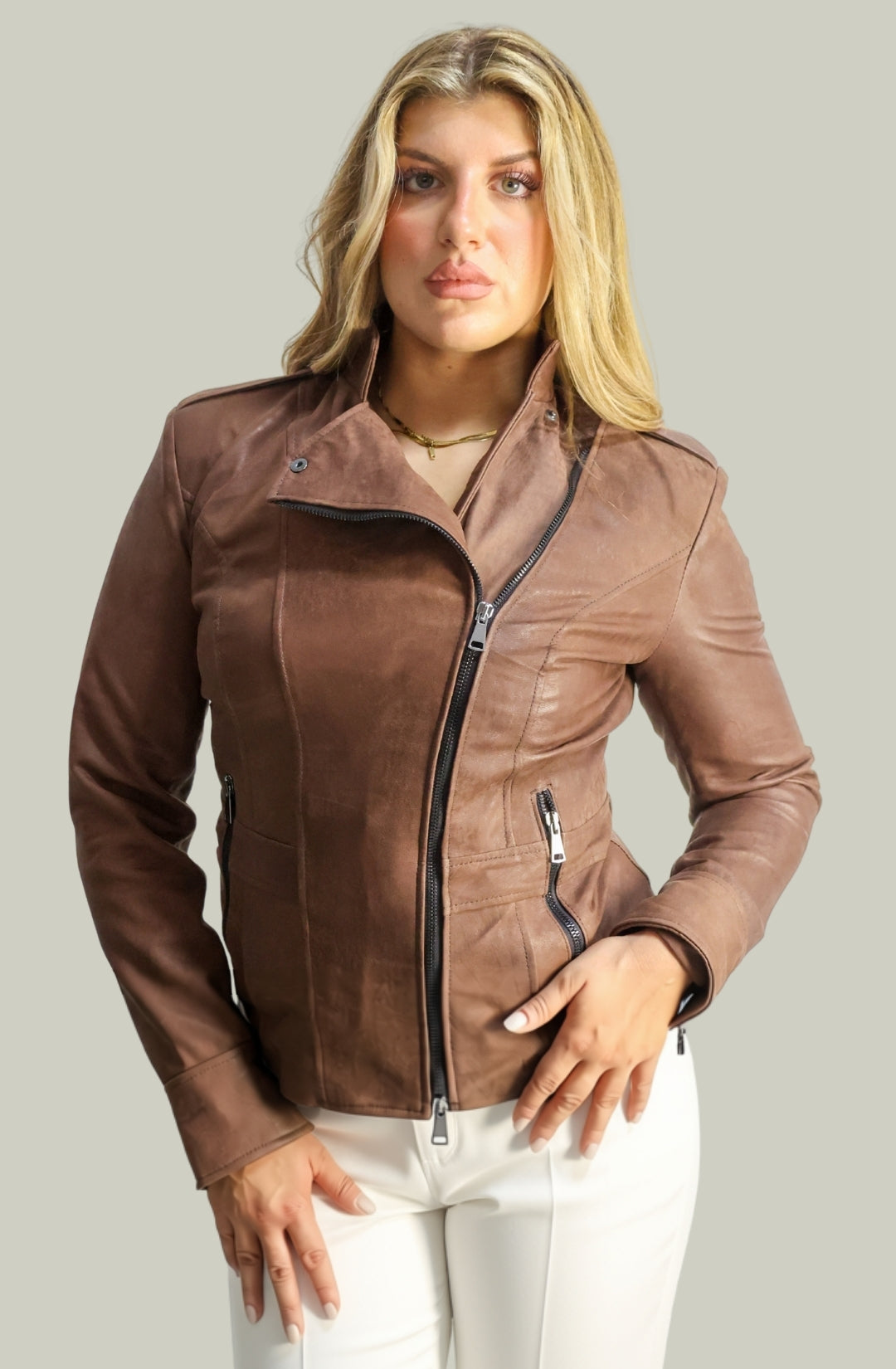 Giacca in Vera Pelle Modello Noemi Stone Wash Cioccolato | 100% Made in Italy