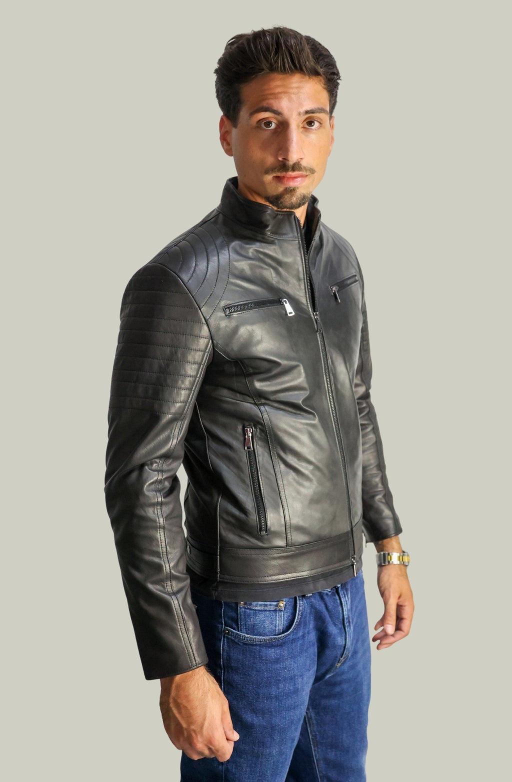 Giacca Rocky Biker in Pelle Nappa Nera da Uomo