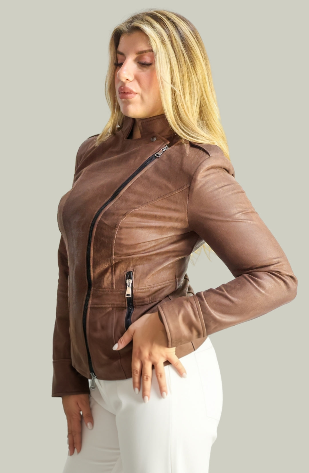 Giacca in Vera Pelle Modello Noemi Stone Wash Cioccolato | 100% Made in Italy