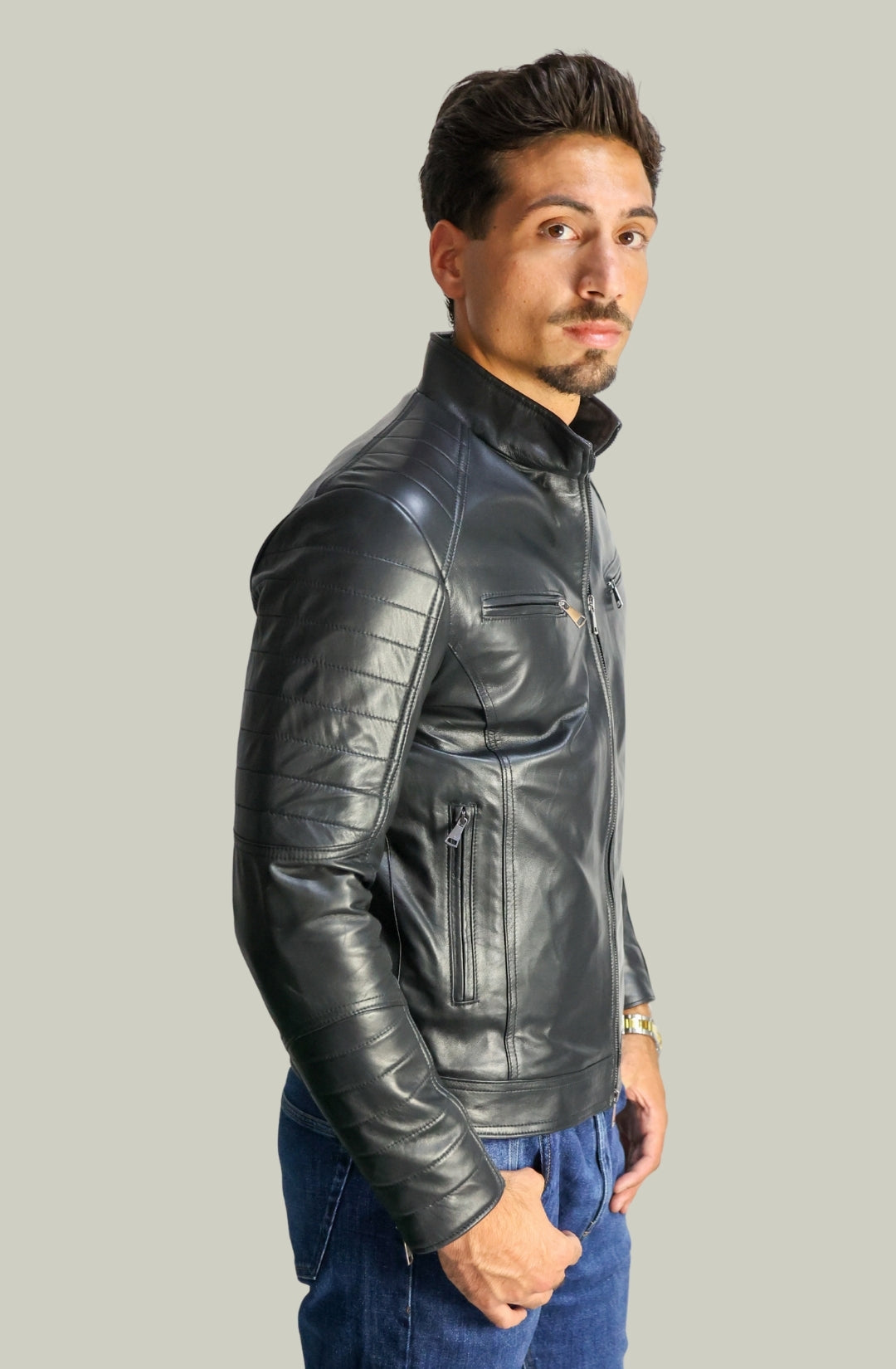 Giacca Davide Biker in Pelle Nera da Uomo