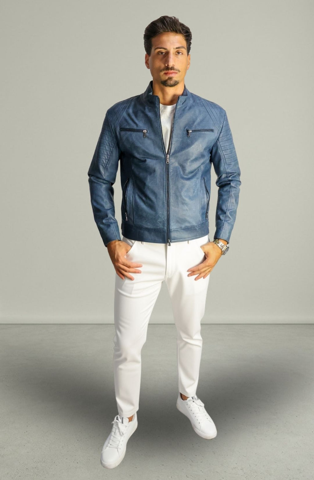 Giacca Rocky Biker in Pelle Blu Vintage da Uomo