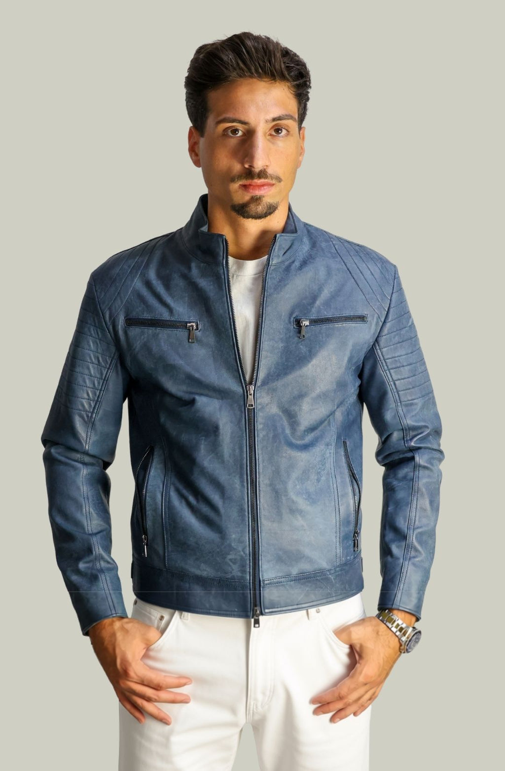 Giacca Rocky Biker in Pelle Blu Vintage da Uomo