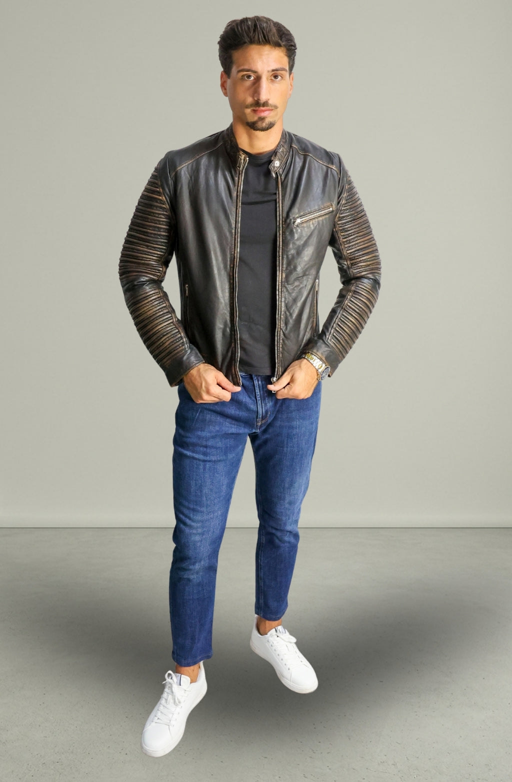 Giacca Biker in Pelle Testa Di Moro Scuro da Uomo