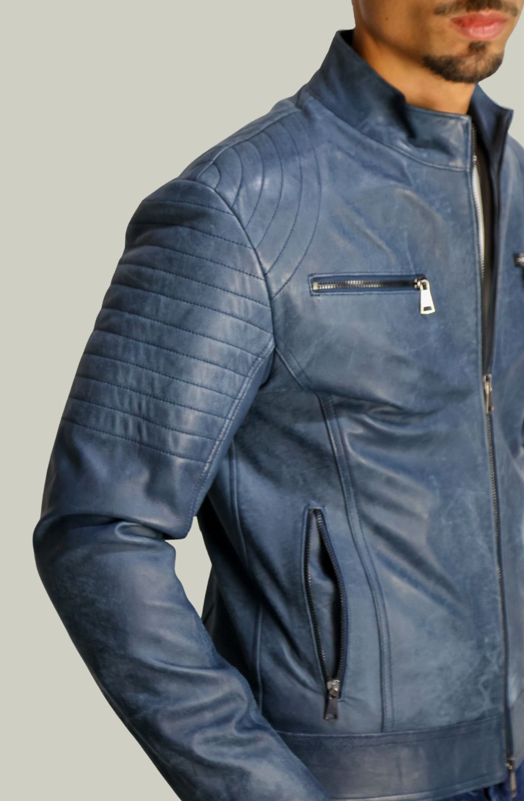 Giacca Rocky Biker in Pelle Blu Vintage da Uomo