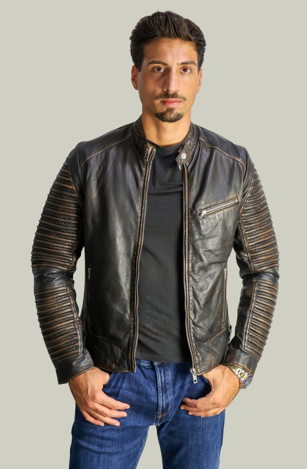 Giacca Biker in Pelle Testa Di Moro Scuro da Uomo