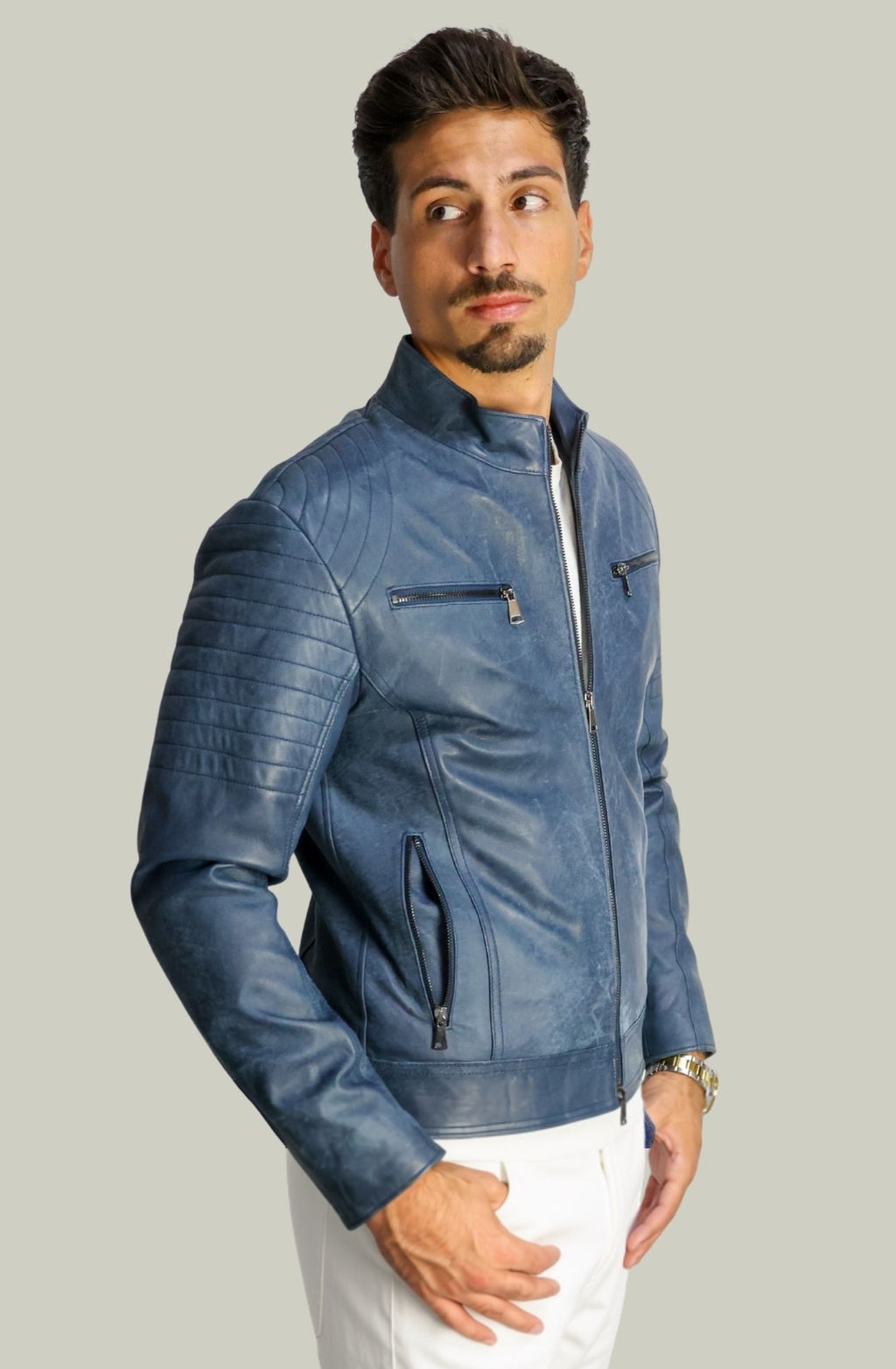 Giacca Rocky Biker in Pelle Blu Vintage da Uomo