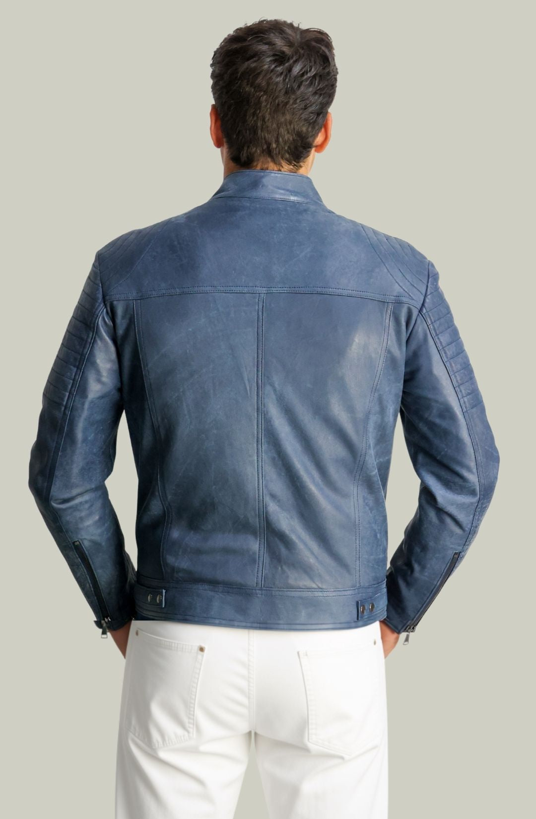 Giacca Rocky Biker in Pelle Blu Vintage da Uomo