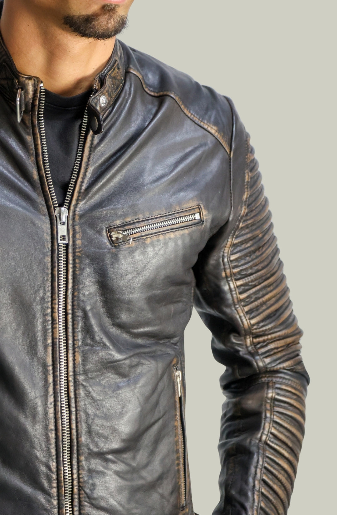 Giacca Biker in Pelle Testa Di Moro Scuro da Uomo