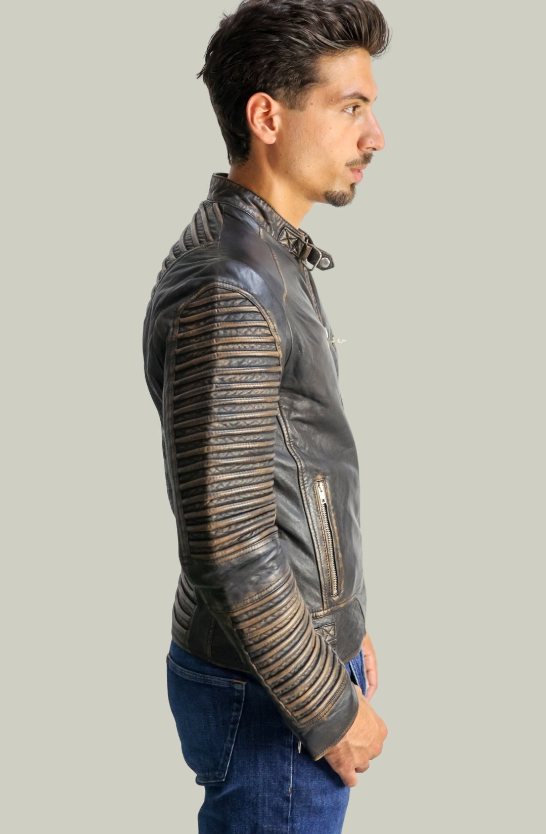 Giacca Biker in Pelle Testa Di Moro Scuro da Uomo