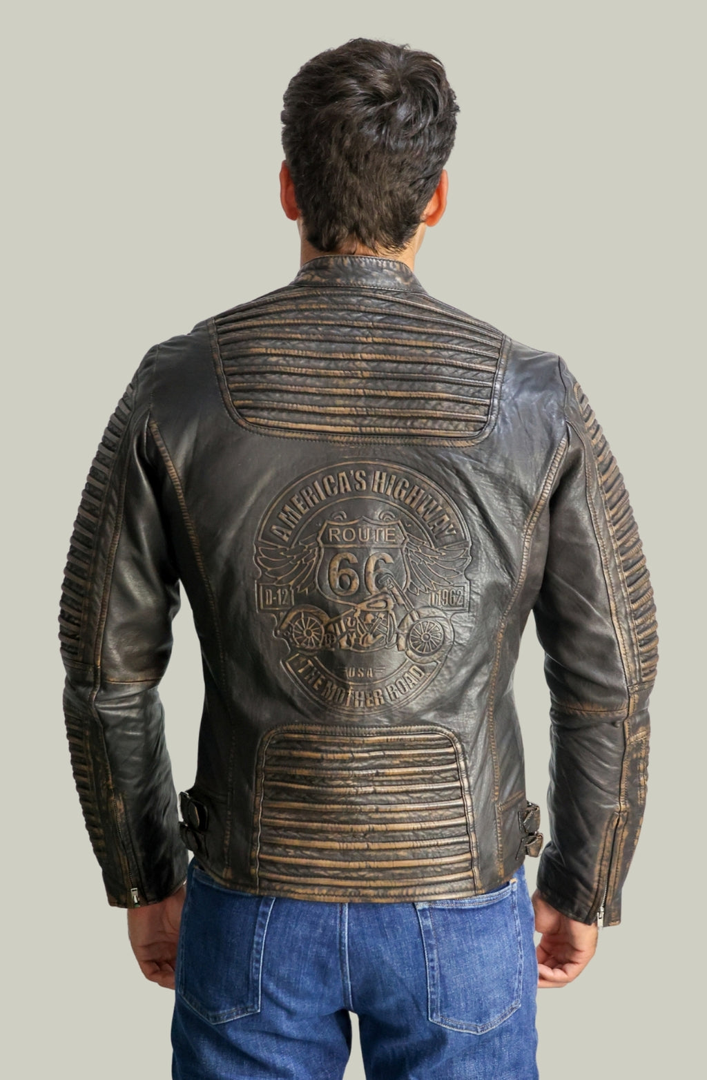 Giacca Biker in Pelle Testa Di Moro Scuro da Uomo