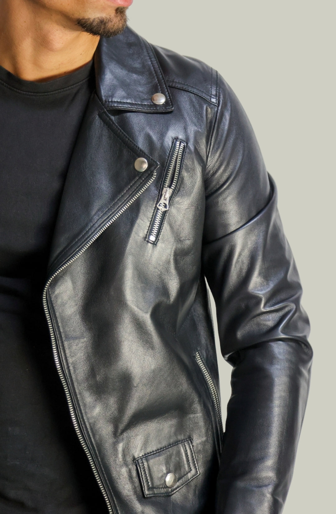 Giacca Chiodo Biker in Pelle Nero da Uomo