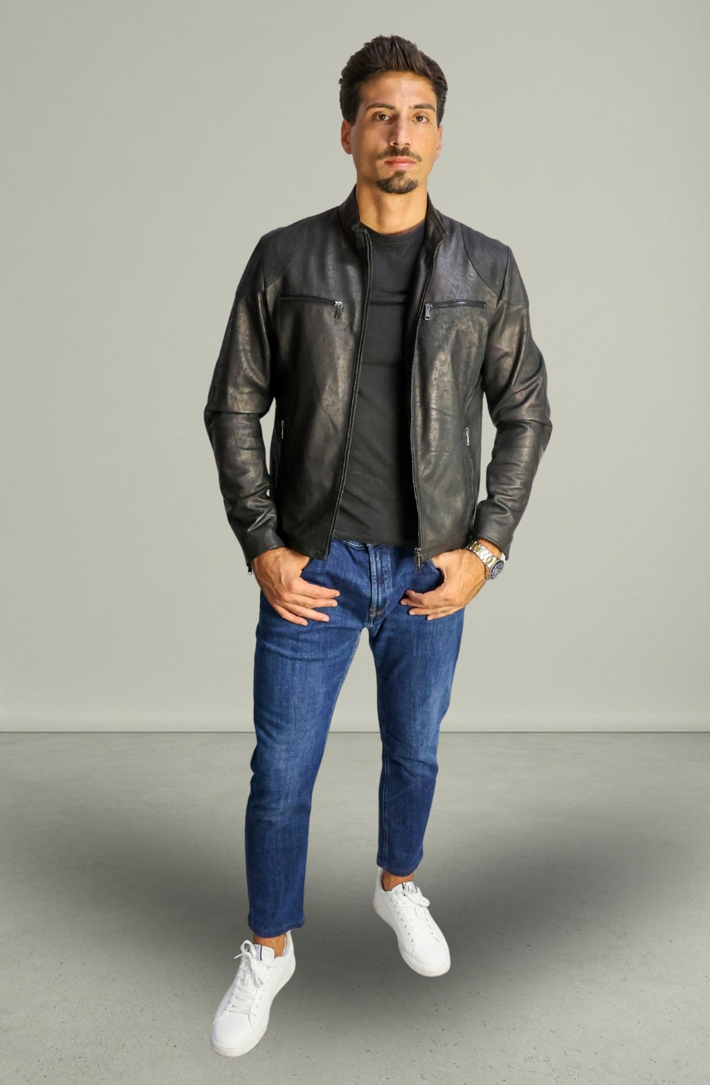 883 Herren-Vintage-Lederjacke Schwarz