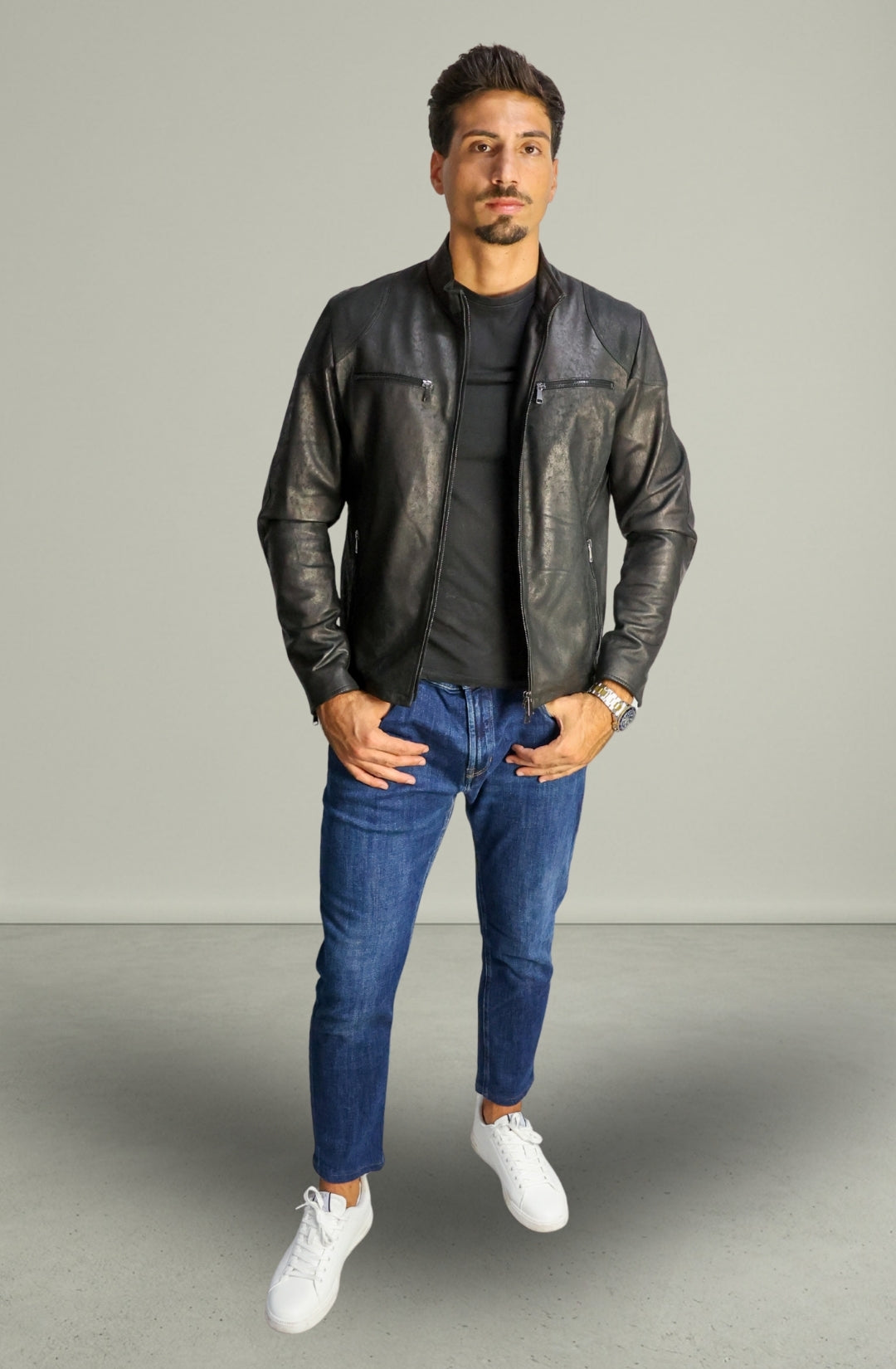 883 Herren-Vintage-Lederjacke Schwarz