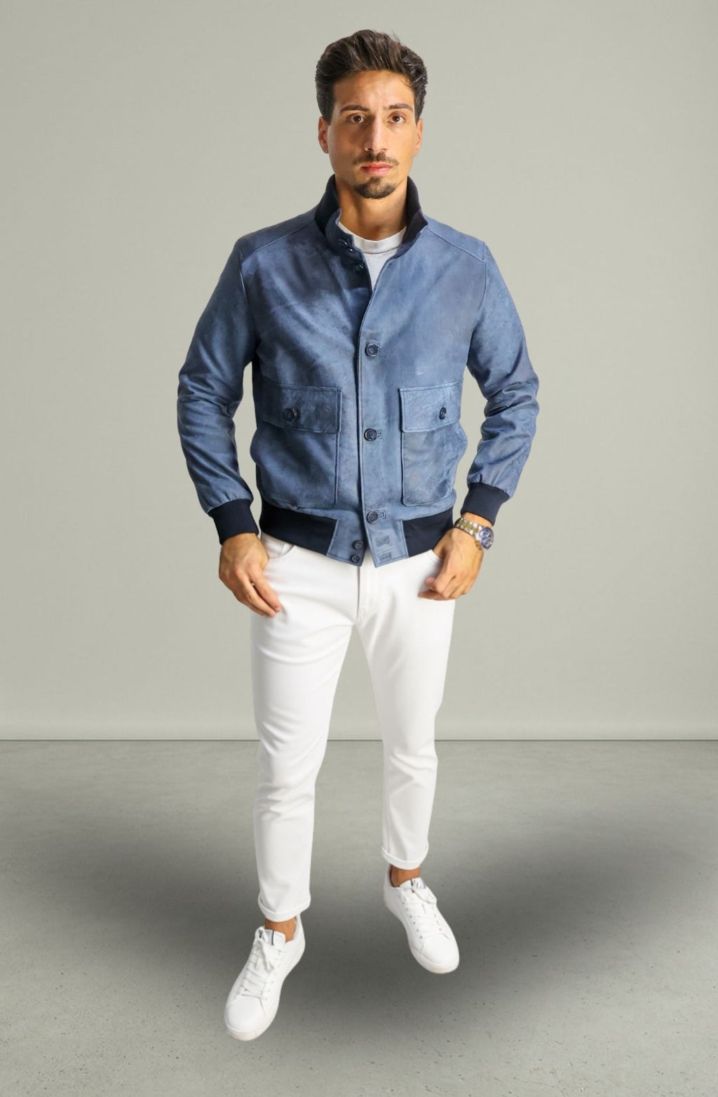 Giacca Bomber Bottoni in Vera Pelle Blu