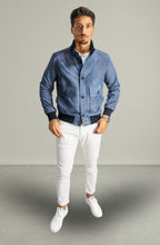Giacca Bomber Bottoni in Vera Pelle Blu
