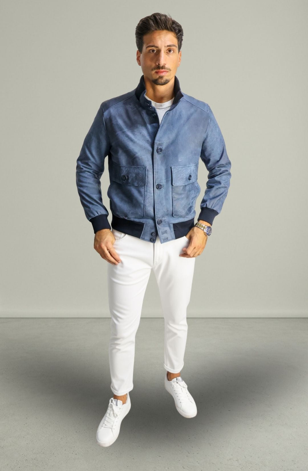 Giacca Bomber Bottoni in Vera Pelle Blu