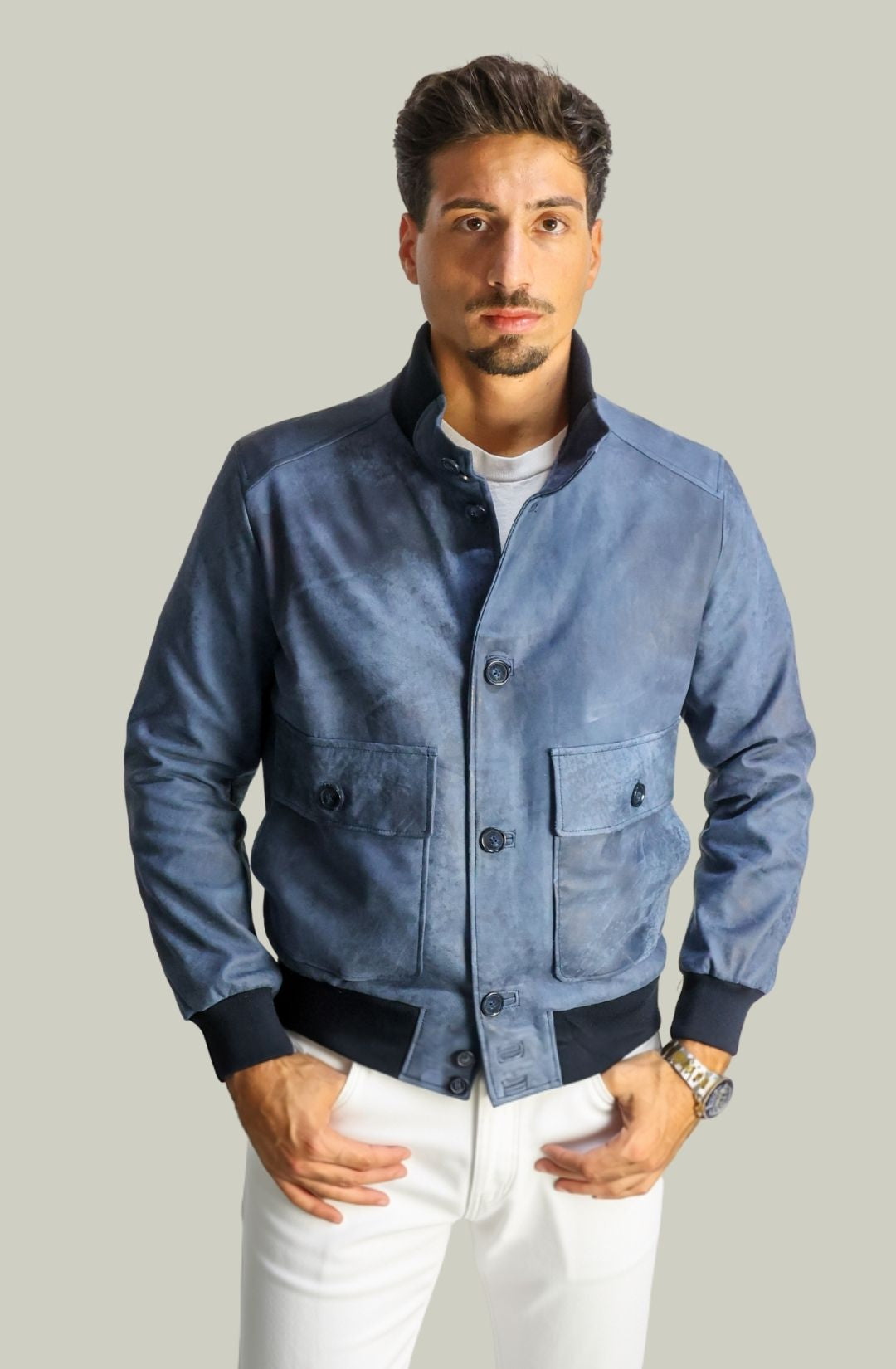 Giacca Bomber Bottoni in Vera Pelle Blu