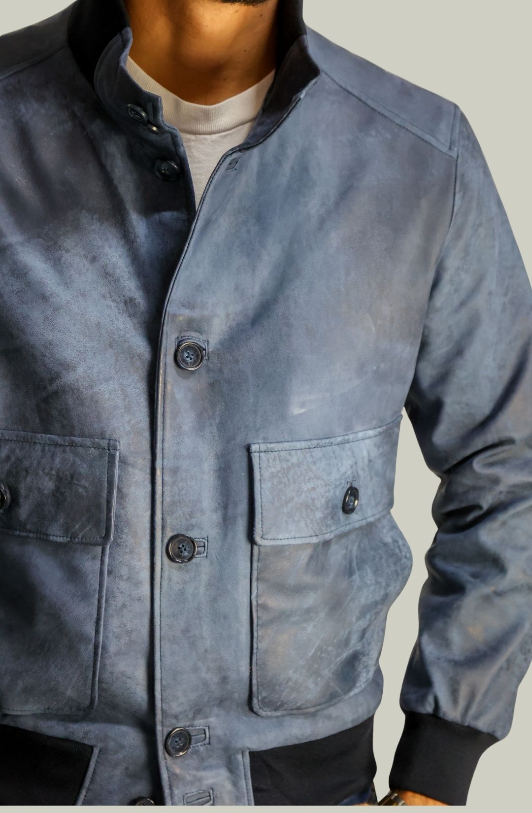 Giacca Bomber Bottoni in Vera Pelle Blu