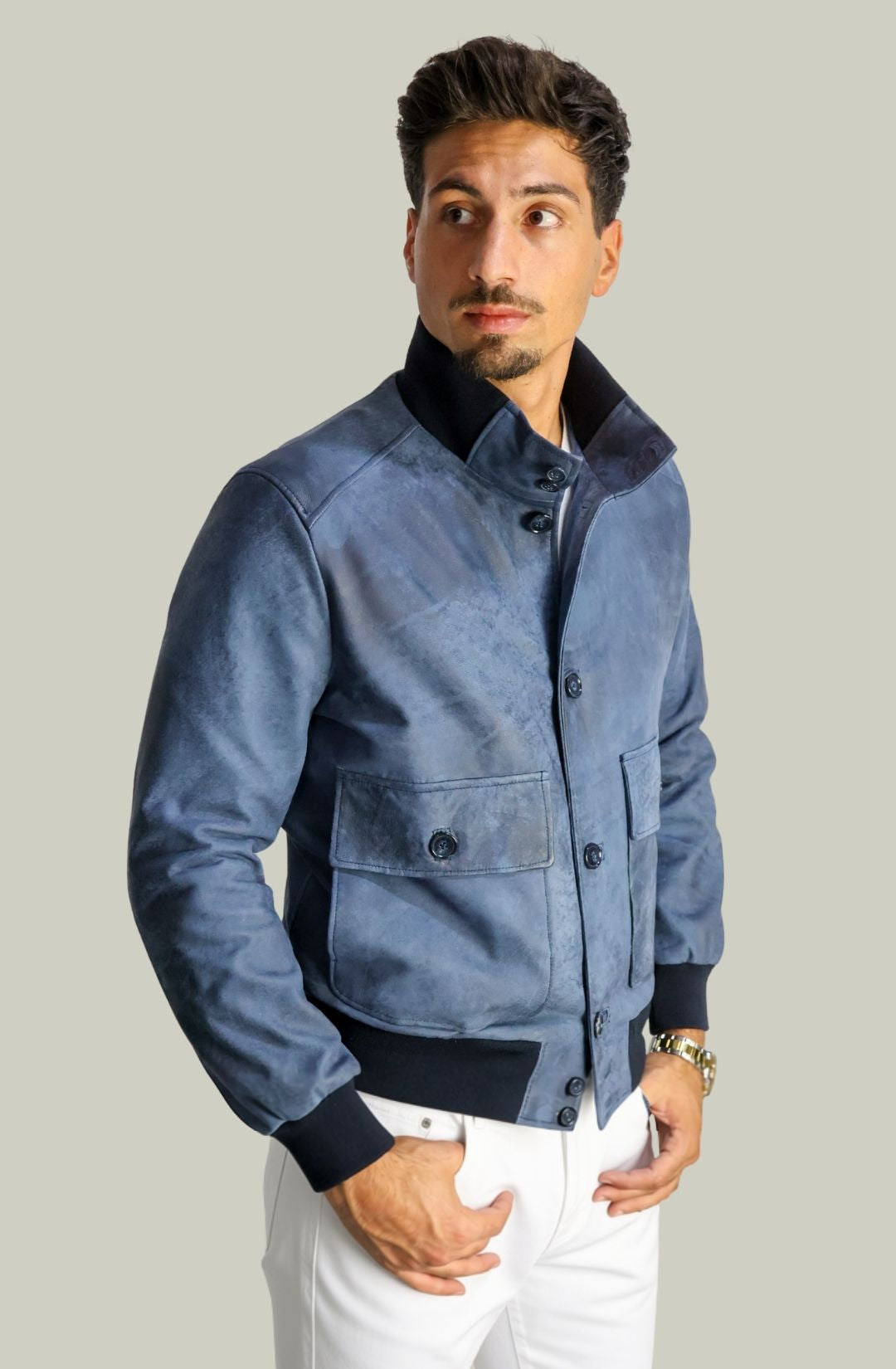 Giacca Bomber Bottoni in Vera Pelle Blu