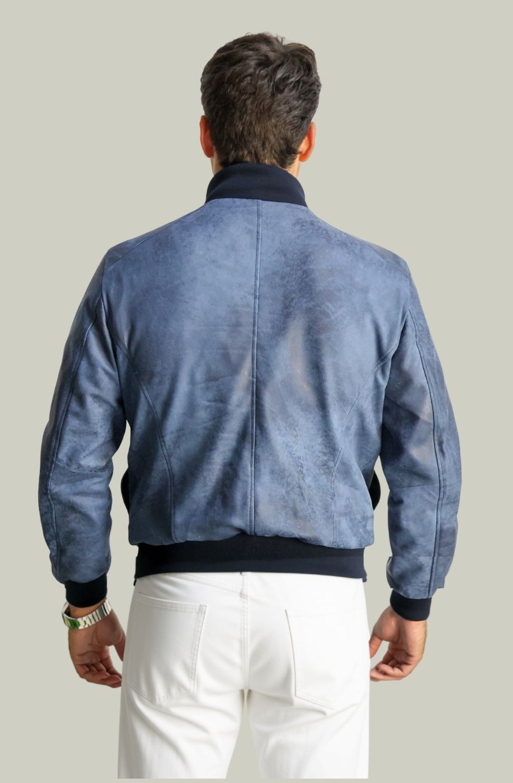 Giacca Bomber Bottoni in Vera Pelle Blu