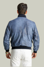 Giacca Bomber Bottoni in Vera Pelle Blu