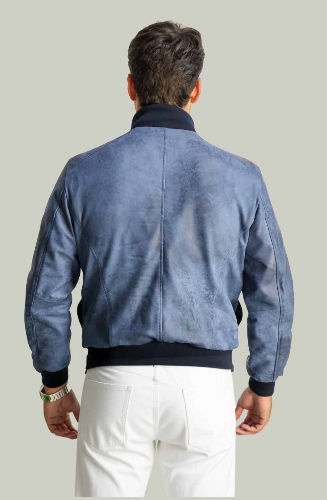 Giacca Bomber Bottoni in Vera Pelle Blu
