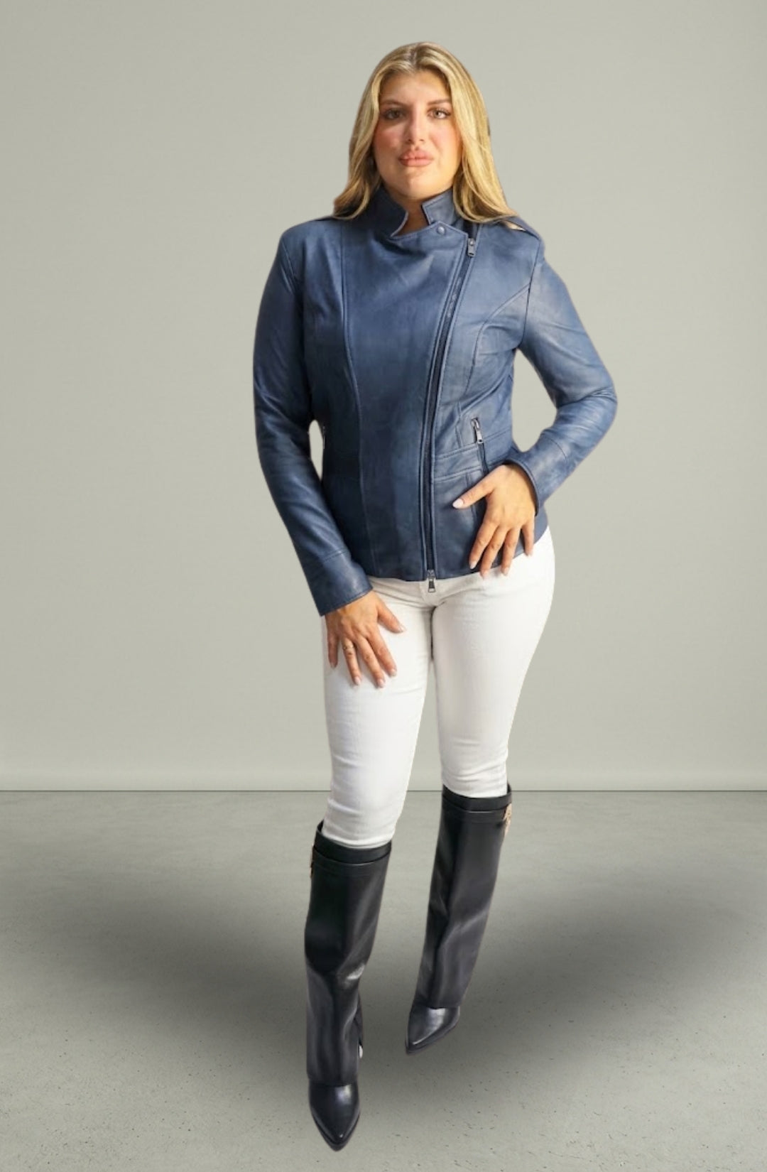 Giacca in Vera Pelle Modello Noemi Stone Wash Blu | 100% Made in Italy