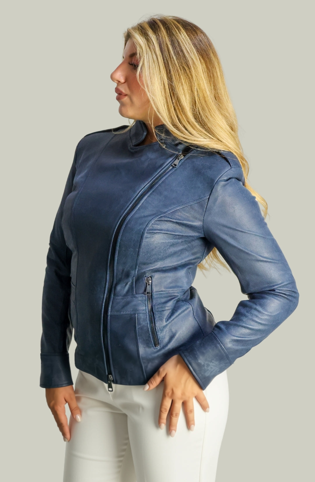 Giacca in Vera Pelle Modello Noemi Stone Wash Blu | 100% Made in Italy