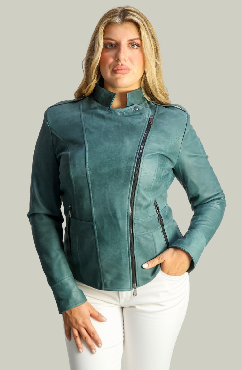 Giacca in Vera Pelle Modello Noemi Stone Wash Verde | 100% Made in Italy