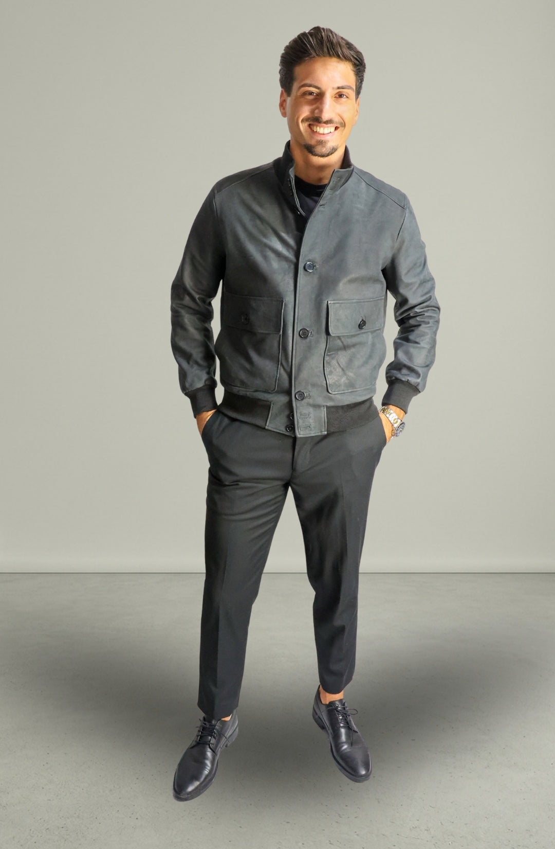 Giacca Bomber Bottoni in Vera Pelle Nero