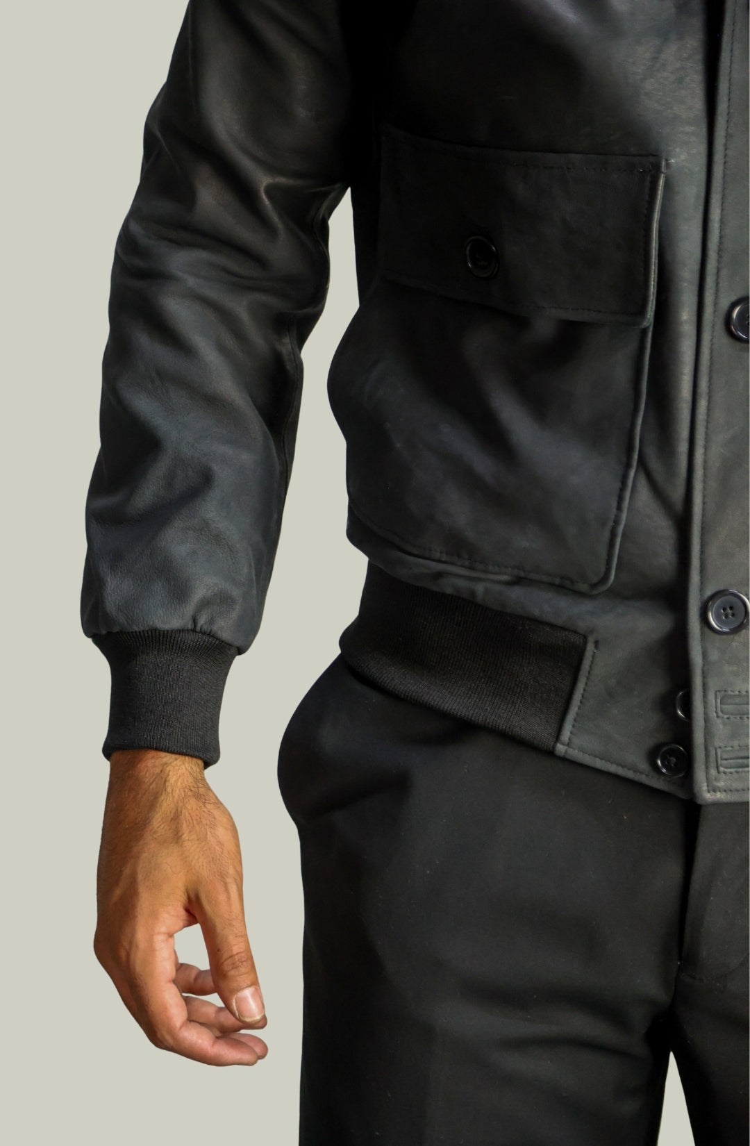 Giacca Bomber Bottoni in Vera Pelle Nero