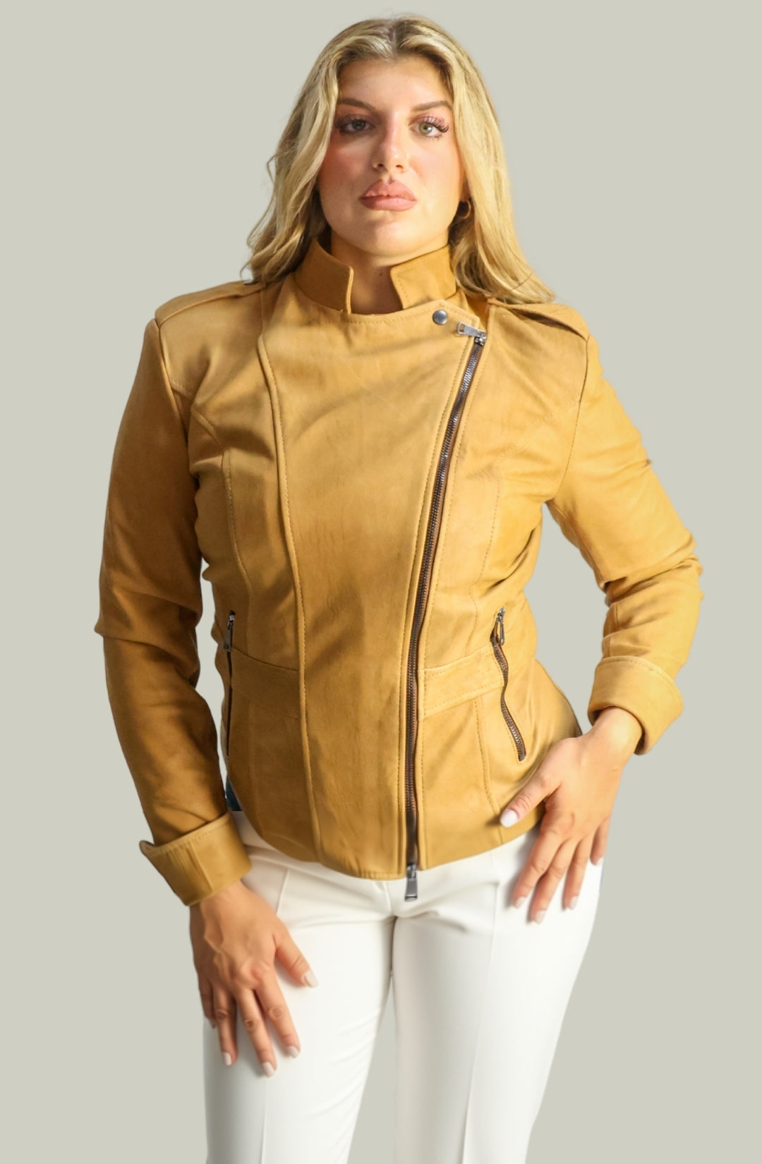 Giacca in Vera Pelle Modello Noemi Stone Wash Cuoio | 100% Made in Italy