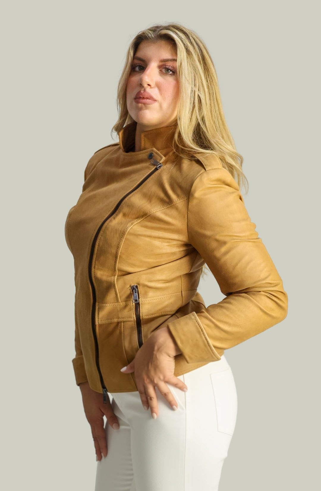 Giacca in Vera Pelle Modello Noemi Stone Wash Cuoio | 100% Made in Italy
