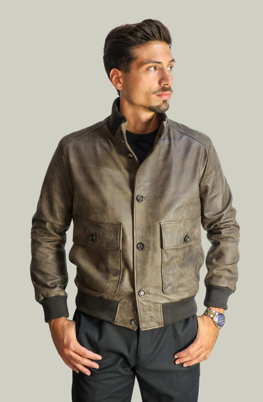 Giacca Bomber Bottoni in Vera Pelle Testa di Moro
