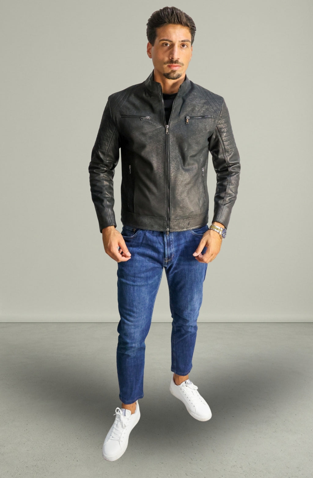 Giacca Rocky Biker in Pelle Nero Vintage da Uomo