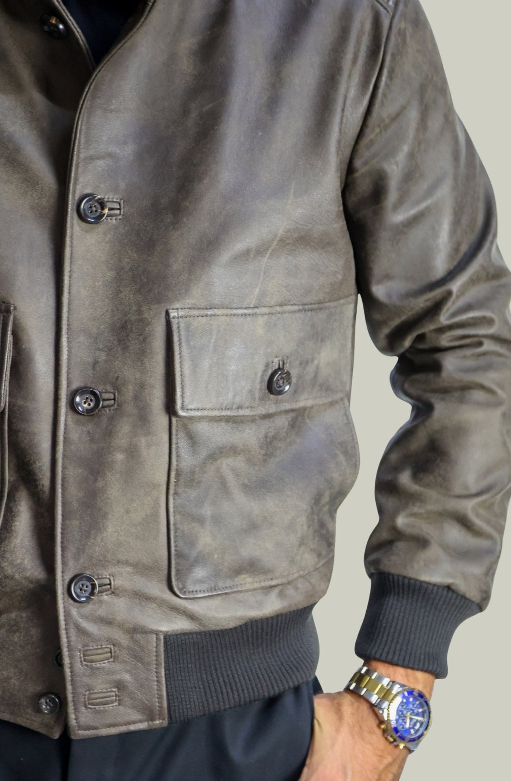 Giacca Bomber Bottoni in Vera Pelle Testa di Moro