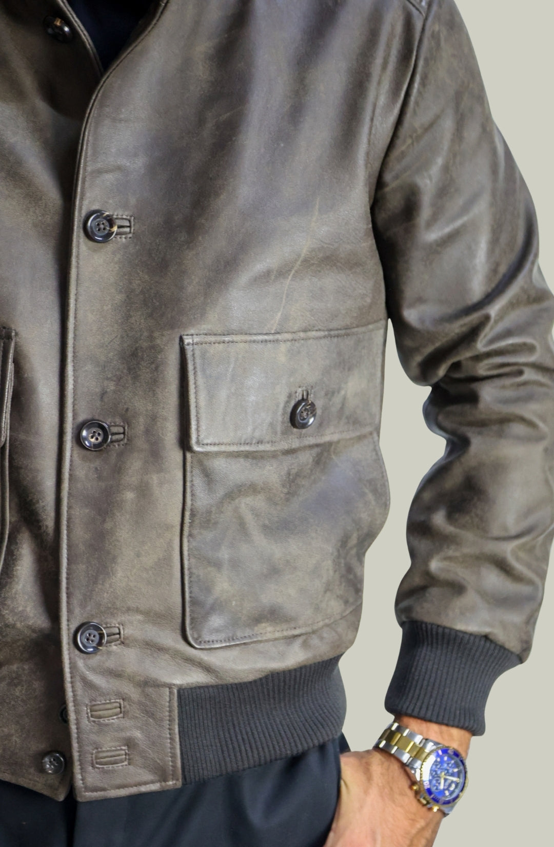 Giacca Bomber Bottoni in Vera Pelle Testa di Moro