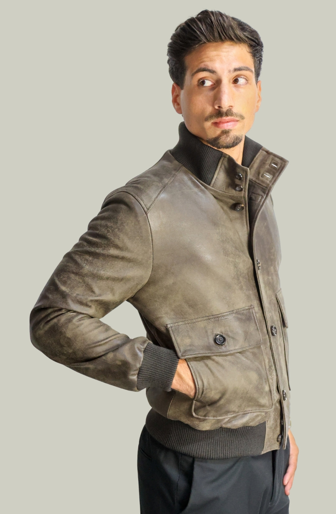 Giacca Bomber Bottoni in Vera Pelle Testa di Moro