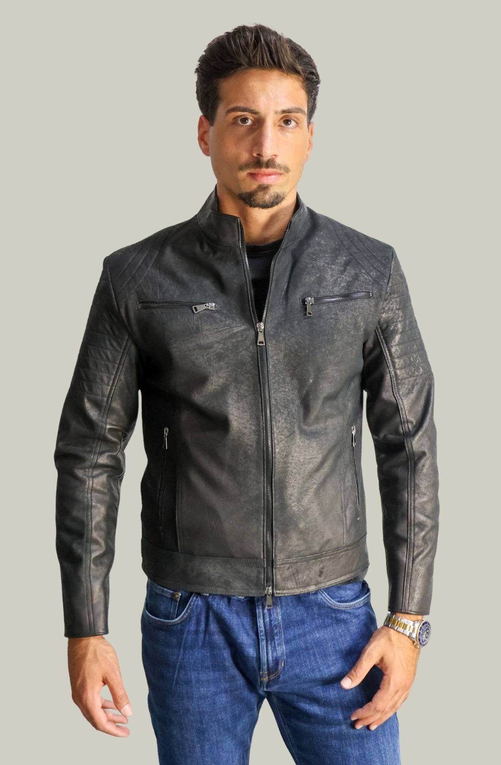 Giacca Rocky Biker in Pelle Nero Vintage da Uomo