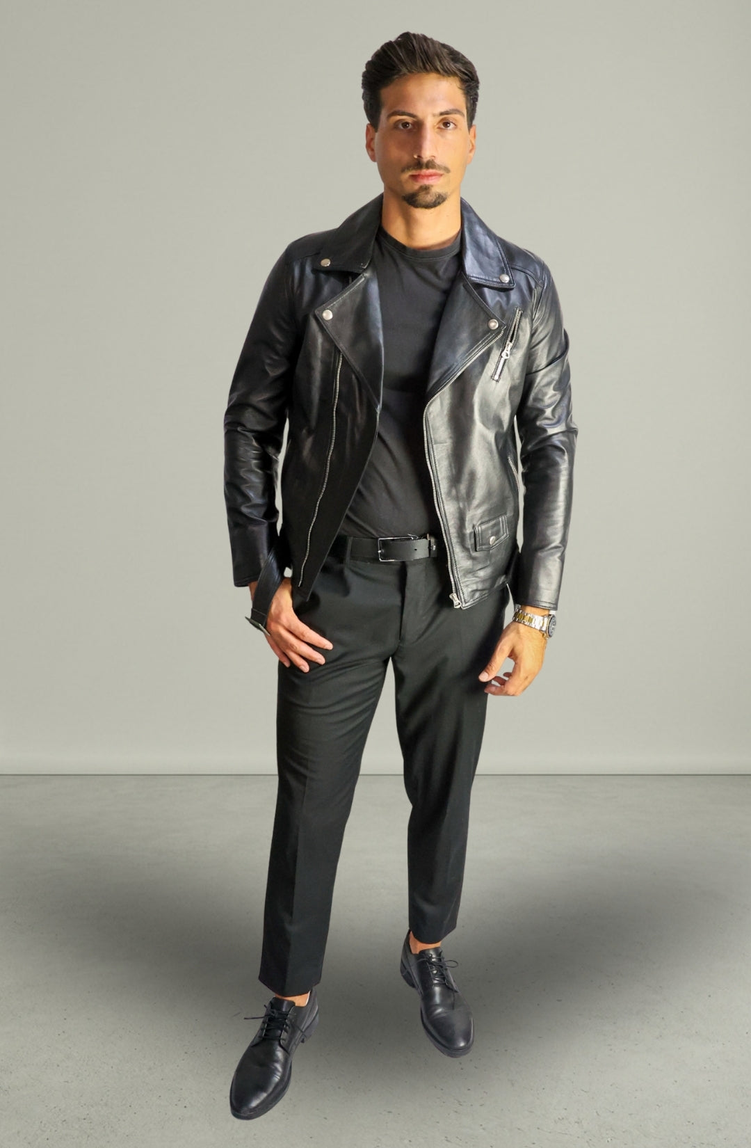 Giacca Chiodo Biker in Pelle Nero da Uomo
