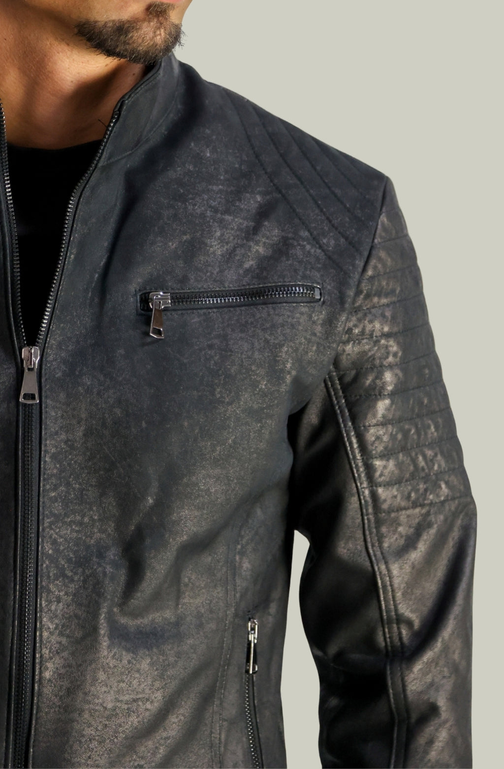 Giacca Rocky Biker in Pelle Nero Vintage da Uomo